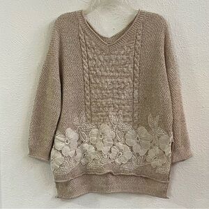 Umgee tan white flower appliqué lace sweater